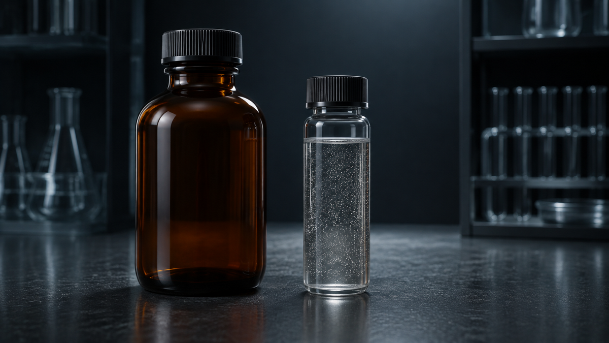 Braunglasflasche und Silberdispersion in einer neutralen Laborumgebung