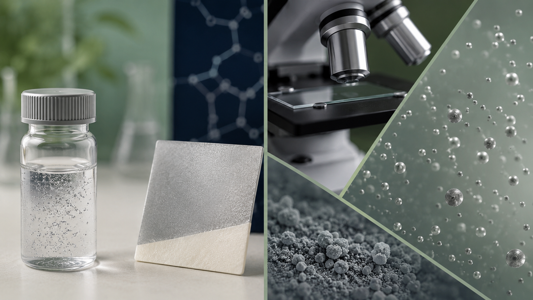 Silberdispersion, beschichtete Materialprobe und Laboranalytik in neutraler Darstellung