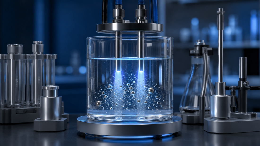 Silberelektroden über einem Laborgefäß zur neutralen Darstellung der Elektrolyse
