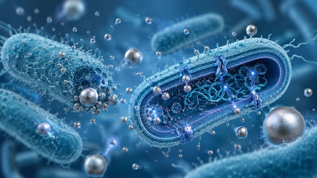 Wissenschaftliche Darstellung von Silberionen an Bakterienzellen