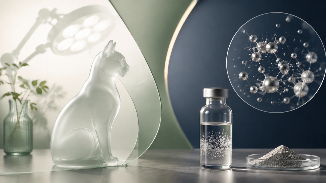 Abstrakte Katze aus Milchglas, getrennt von Silberdispersion und Partikelmodell