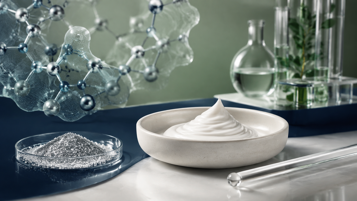 Weiße Creme in einer Schale neben Silberpartikeln und neutraler Laboranalytik