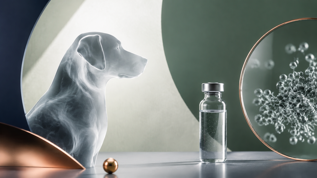 Abstrakter Hund aus Rauchglas, getrennt von Silberdispersion und Partikelmodell