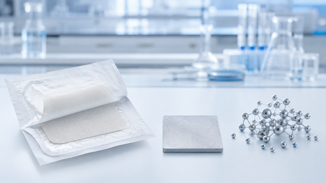 Sterile Wundauflage, silberbeschichtetes Material und getrenntes Partikelmodell