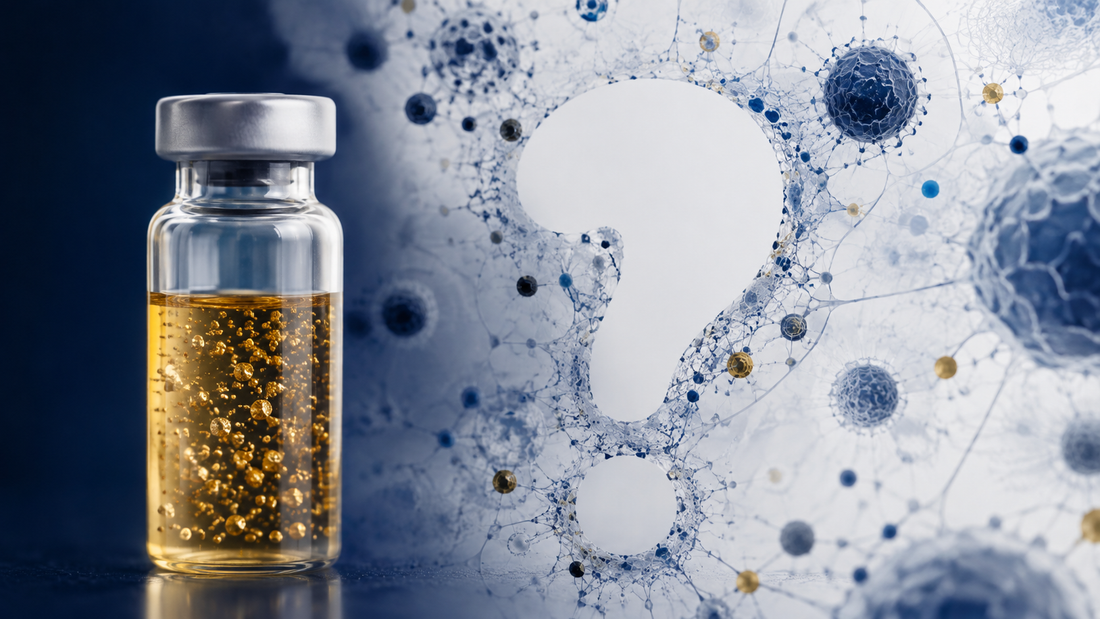 Sachliche Laborillustration zu Goldpartikeln und Immunforschung