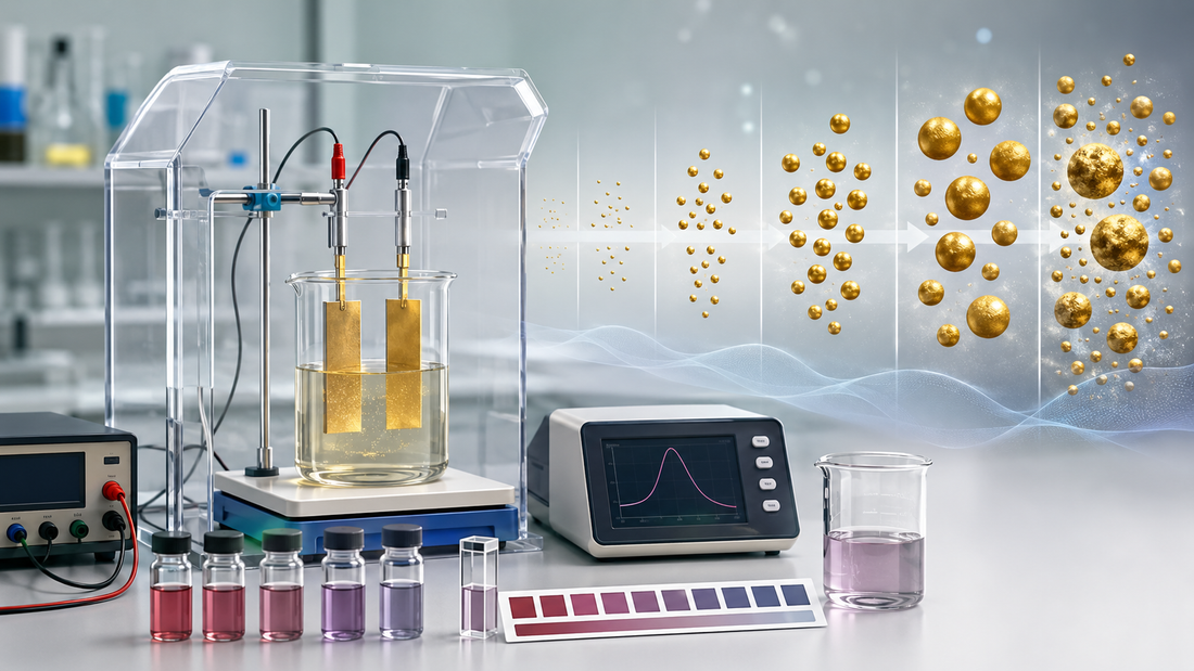 Abstrakte Labordarstellung einer elektrochemischen Golddispersion mit Qualitätsmessung