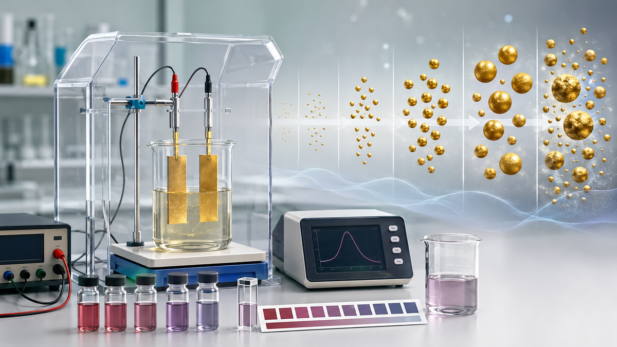 Abstrakte Labordarstellung einer elektrochemischen Golddispersion mit Qualitätsmessung