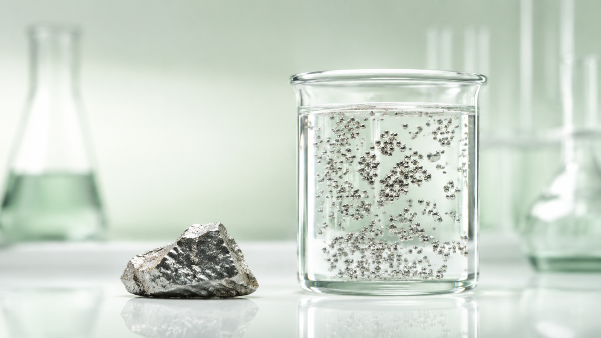 Platinprobe und neutral dargestellte Platinpartikel in einer Labordispersion