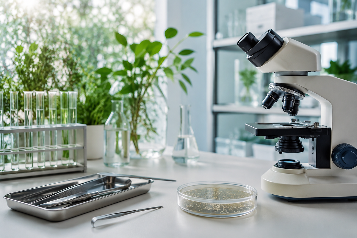 Mikroskop und Laborprobe zur Einordnung antimikrobieller Forschung