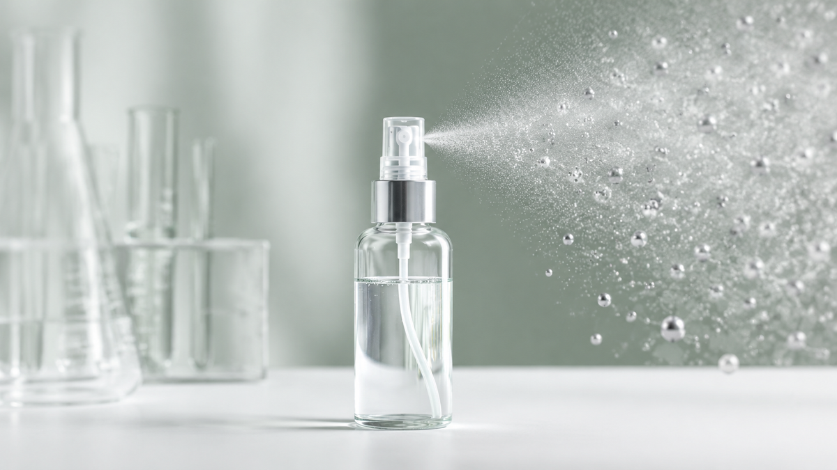 Unbeschriftete Sprühflasche mit feinem Sprühnebel und neutralen Silberpartikeln